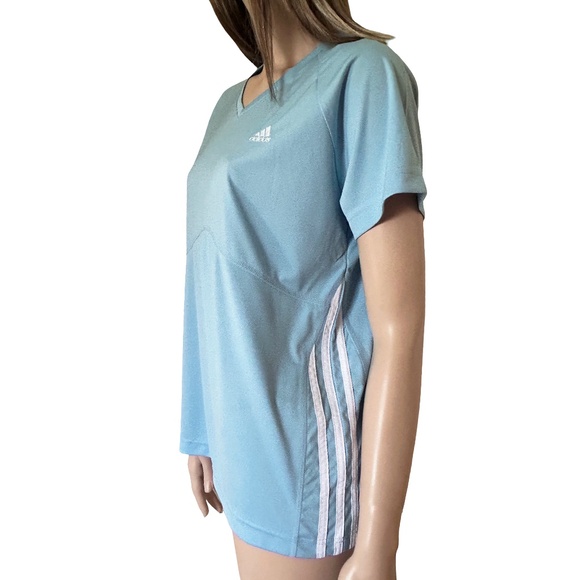 Adidas 3 Stripe Fitness Top Shirt Pullover V-Neck Baby Blue Yoga Gym Active Wear - Picture 5 of 12